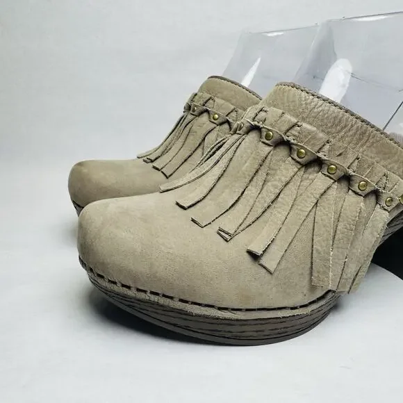 Dansko Deni Taupe Leather Fringe Studded 3” Heel Mule Clog Womens Size 38 US 8 - Picture 3 of 11